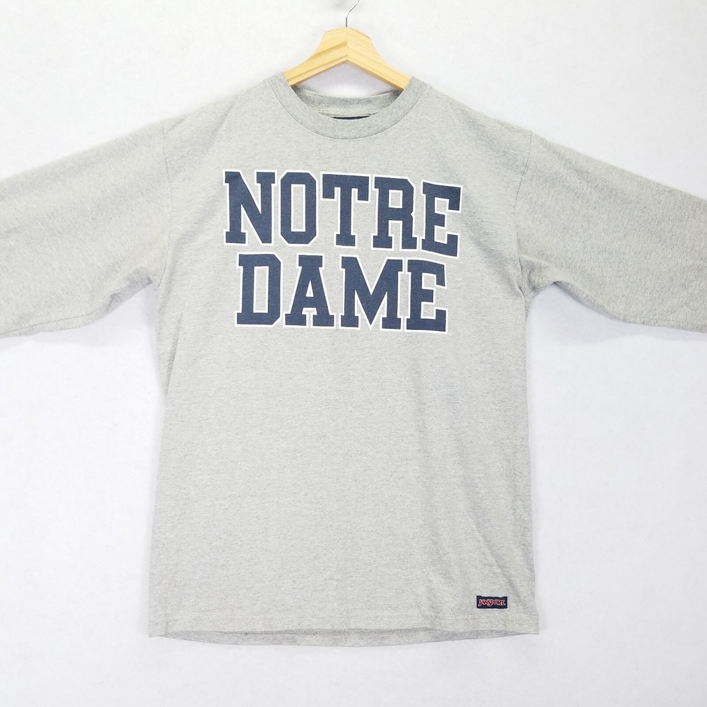 Notre Dame Long Sleeve T-Shirt Men M Gray Crew Collar Vintage Large Print
